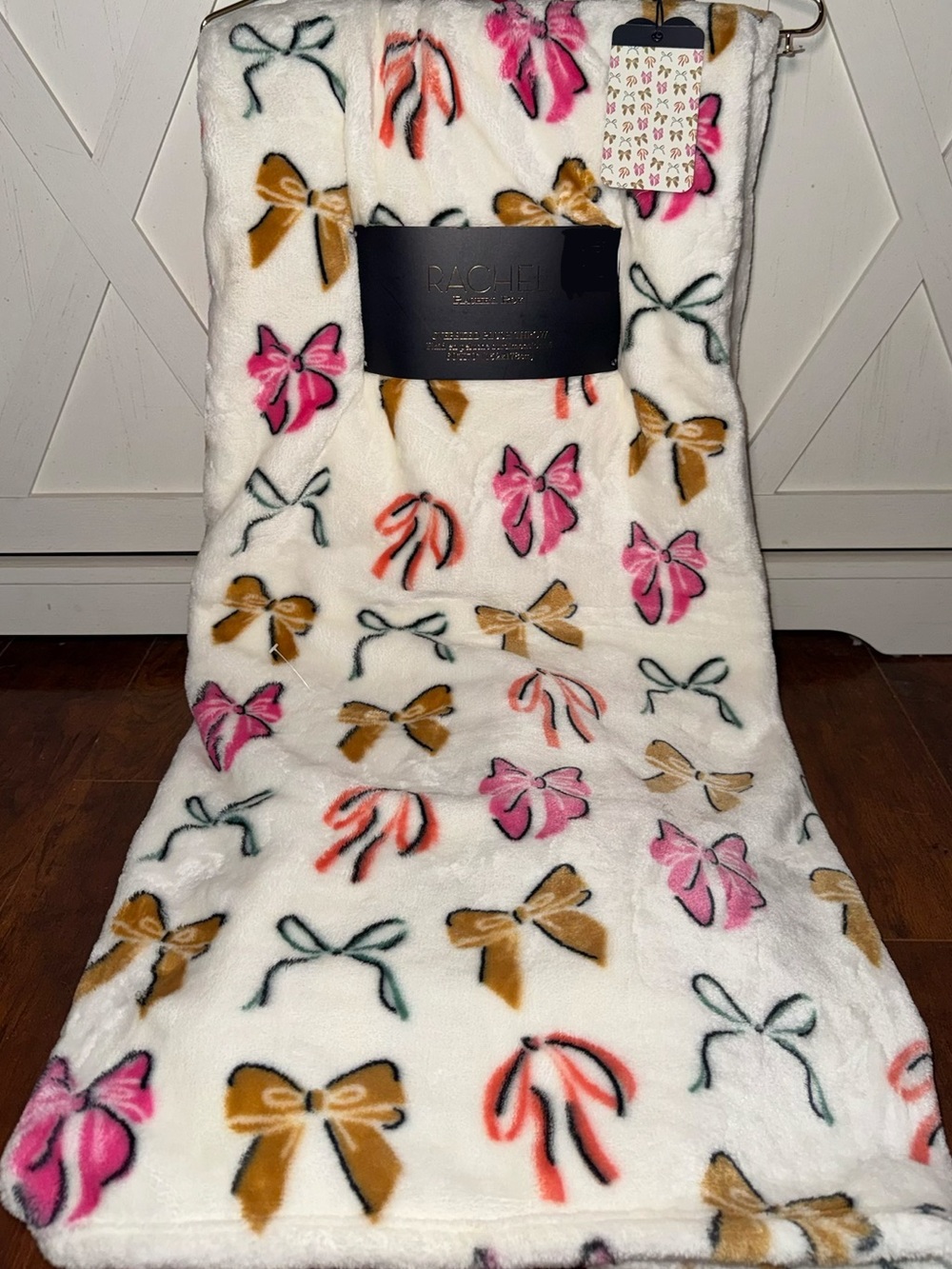Rachel Roy Colorful Pink & Gold Bows Plush Throw Blanket